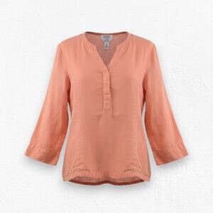 90s Talbots Coral Orange Irish Linen V-Neck Button Front 3/4 Sleeve Top Size 6